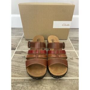Clarks Brown Red Strappy Sandals Heel Slip On Adjustable Size 6.5